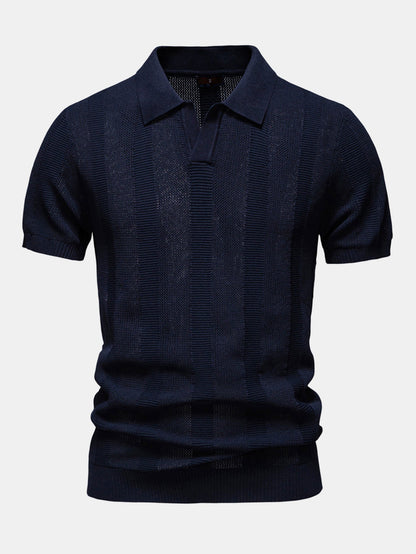 Striped Hollow Knit V-Neck Polo