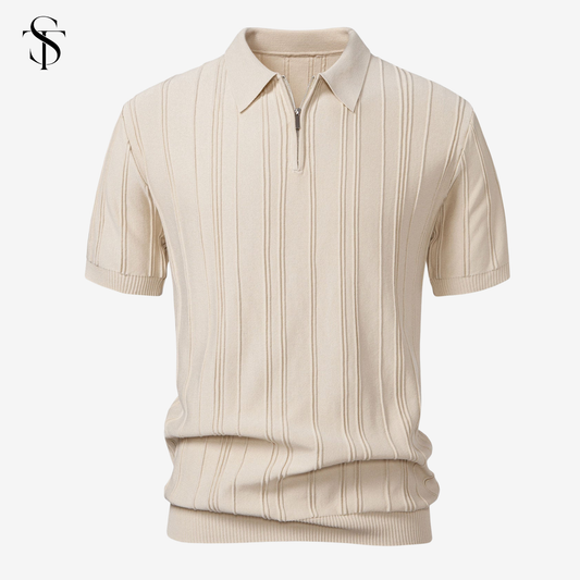 ST - Striped Jacquard Knit Polo Shirt with Zipper